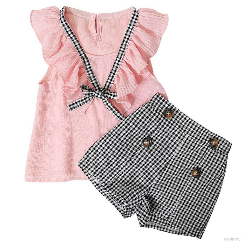 Summer Kids Girls Set Chiffon Vest Tops + Striped Shorts Pants 2Pcs/Set