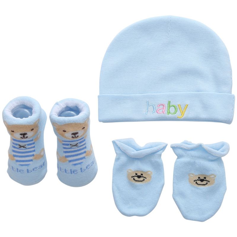 Bộ 3 Món Vớ + Nón + Găng Tay Bằng Cotton In Họa Tiết Hoạt Hình Dễ Thương Cho Bé Sơ Sinh