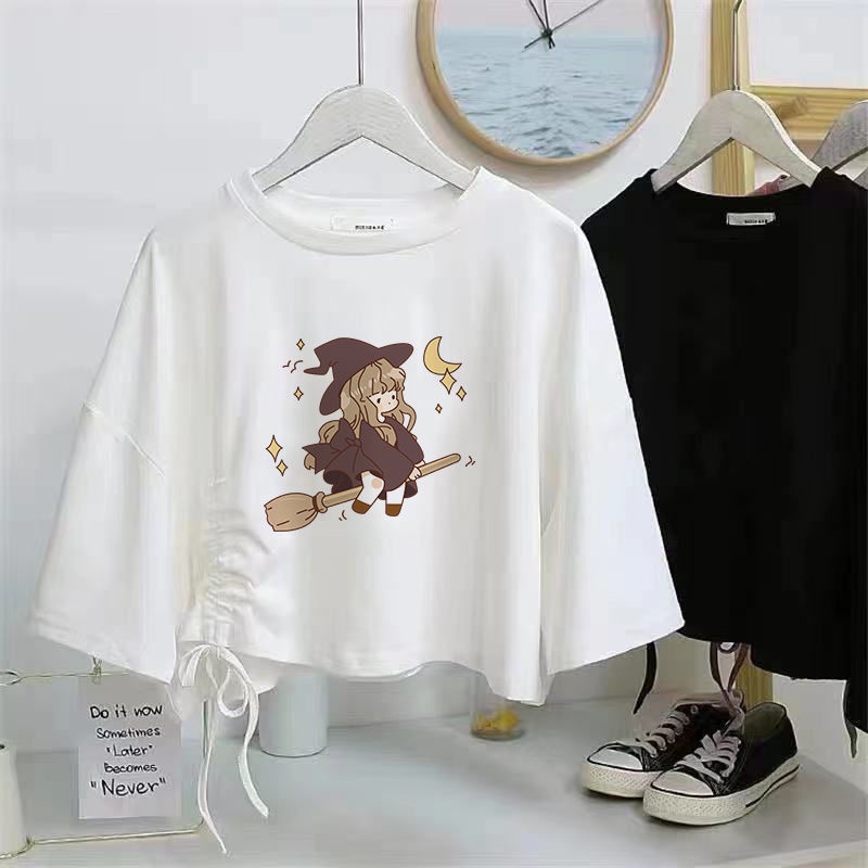 Áo Thun Tay Ngắn Dáng Rộng Phối Dây Rút Phong Cách Hàn Quốc Thời Trang Mùa Hè Năng Động