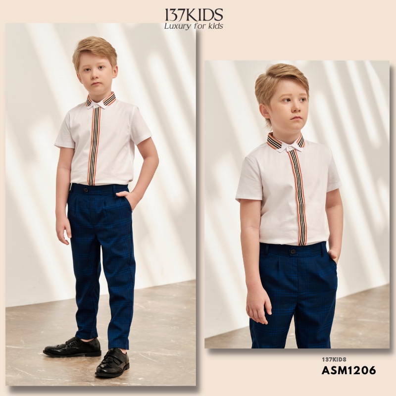 Áo sơ mi trắng cộc tay bé trai 137Kids thiết kế kẻ nẹp thân áo chất cotton thoáng mát
