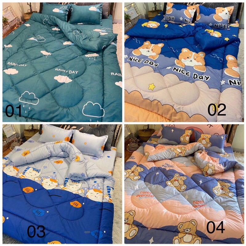 Trọn bộ 5 món ga gối chăn phao Poly Cotton có ruột bông dày loại 1 mẫu mới 2021 ( nhắn chọn mẫu )