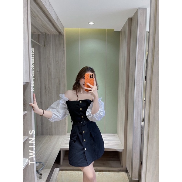 Váy kaki phối tay chun kèm belts