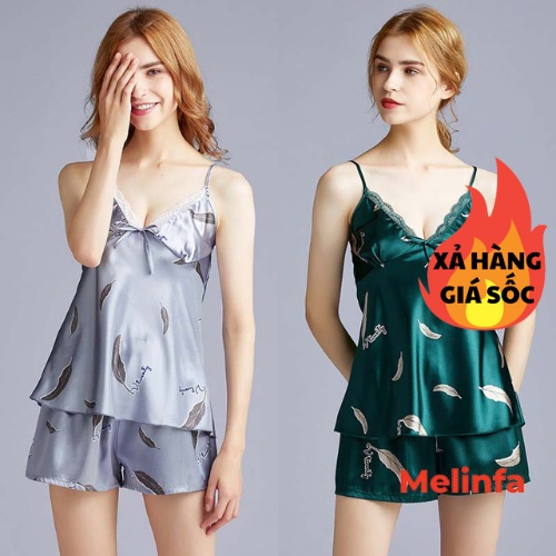 ( Xả kho) Bộ đồ ngủ hai dây, bộ pijamas lụa mặc nhà gợi cảm họa tiết tinh tế nhiều màu mã VABD0155