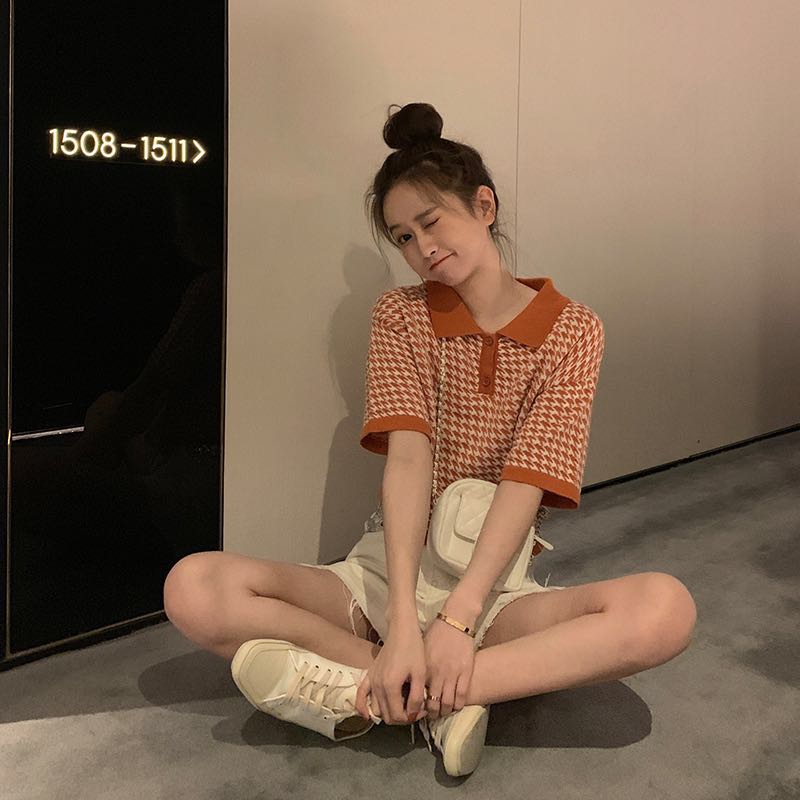 Áo thun dệt kim tay ngắn dáng rộng cổ polo họa tiết Houndstooth thiết kế trẻ trung cho nữ | BigBuy360 - bigbuy360.vn