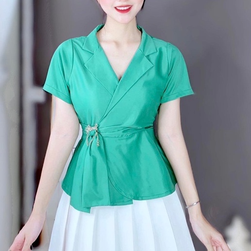 Áo peplum cổ vest kiểu cột nơ eo chun lưng giấu bụng CHUU A6929