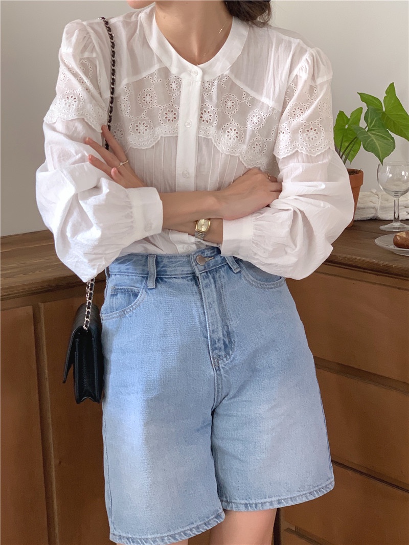 Áo Sơ Mi Dài Tay Phối Ren Phong Cách Retro Hàn Quốc 54027