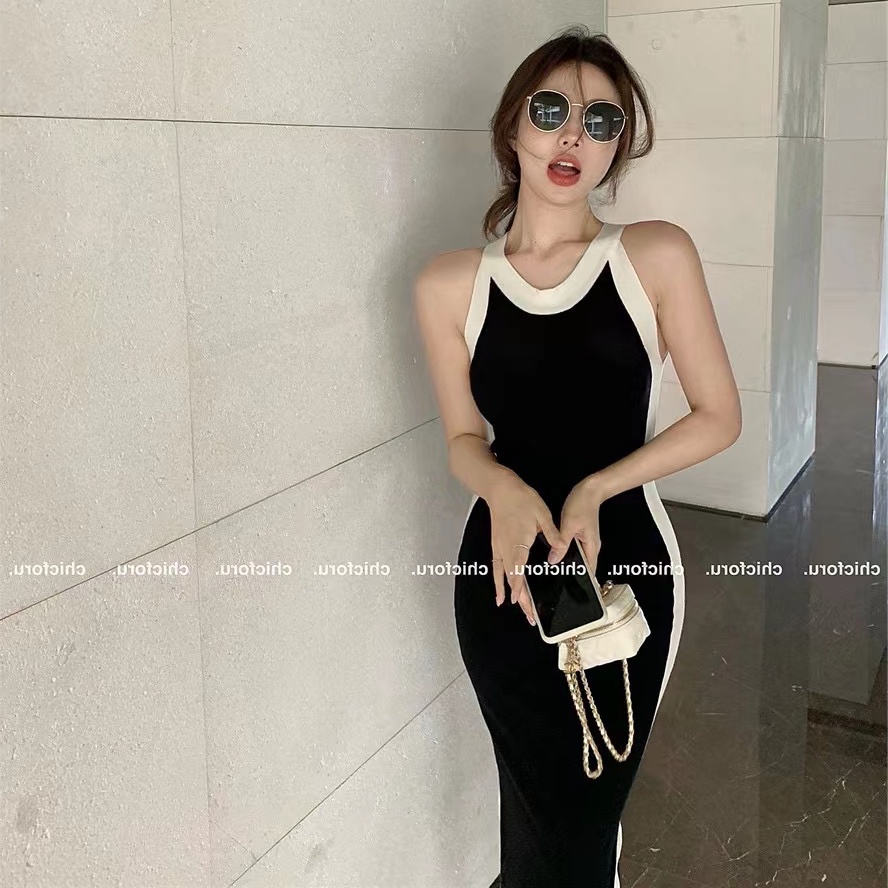 Đầm maxi dệt kim SUXI sát nách cổ tròn thiết kế đơn giản hợp thời trang