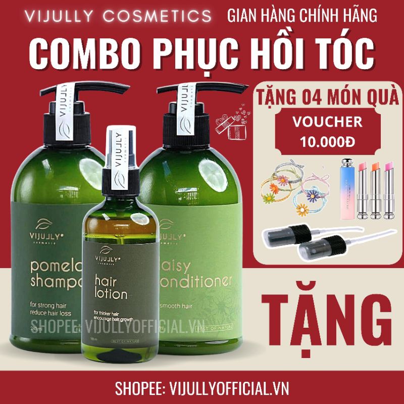 Combo dưỡng tóc, chăm sóc tóc cao cấp Vijully chính hãng, phục hồi tóc hư tổn, kích mọc, giảm rụng tóc, gội - xả - xịt