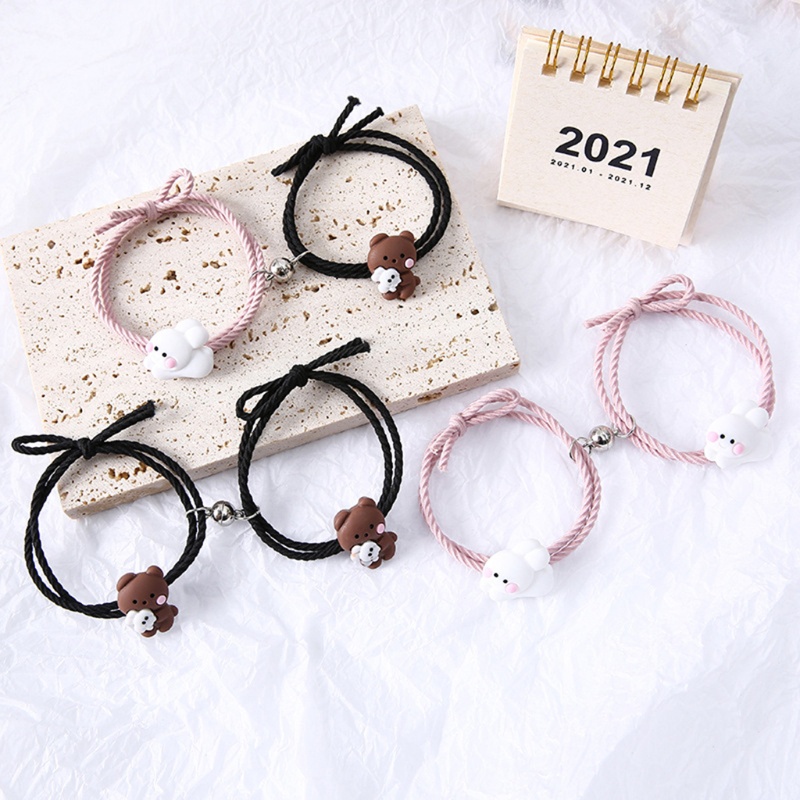 Set 2 vòng tay dây co giãn màu hồng/đen hình gấu/thỏ dễ thương cho cặp đôi
