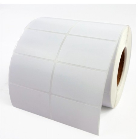 Giấy decal thường in tem nhãn khổ 50x30 mm, 2 tem/hàng, cuộn 50m