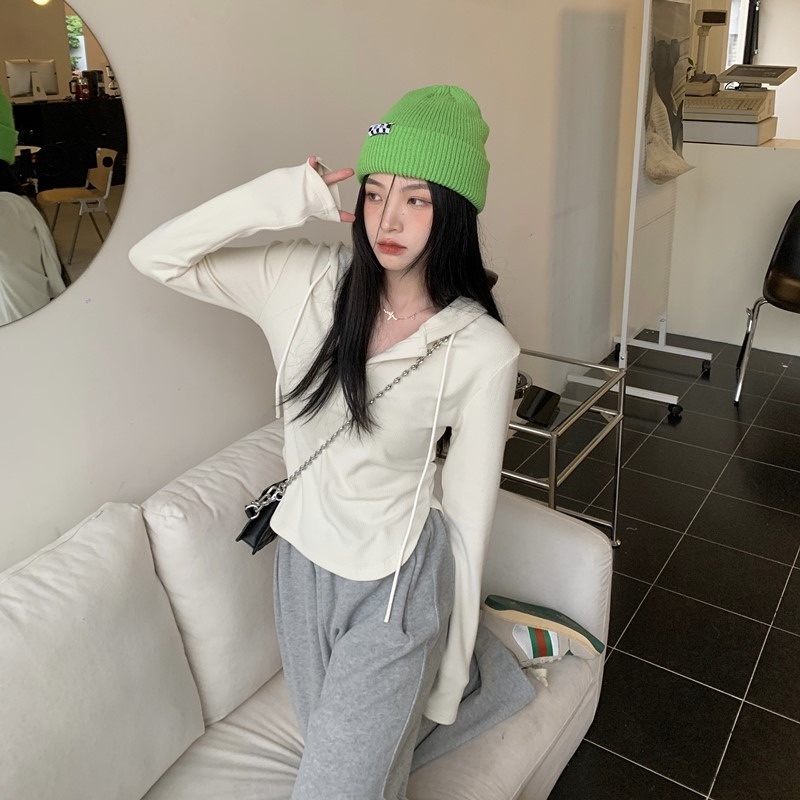 Áo hoodie ZHELIHANGFEI dài tay cổ chữ V eo cao thiết kế quyến rũ thời trang cho nữ