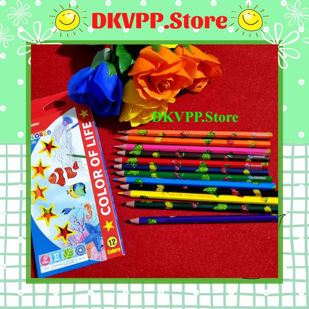 Hộp bút chì 12 màu Biển Cả - Ánh Dương, DKVPP.Store Chì gỗ lục giác 2,8mm Viết, Tô màu, Vẽ tranh đẹp cho bé trên 3 tuổi