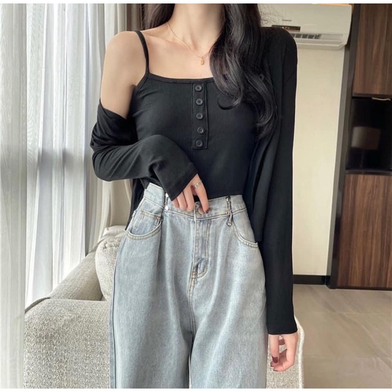 Sét 2 Món Cadigan Áo 2 Dây Nữ 🎀|FREESHIP| Sét áo Quây Jacket Thun Tăm Ôm Body Ulzzang, Chất len tăm Co dãn