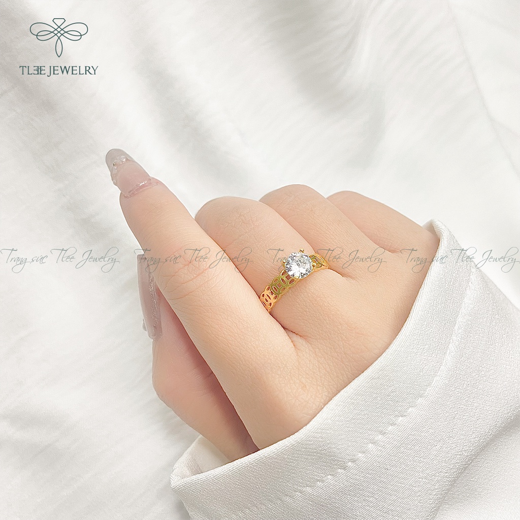 Nhẫn bạc nữ TLEE đồng xu mạ vàng 14k trụ đá bốn chấu cao cấp NCJ A0144