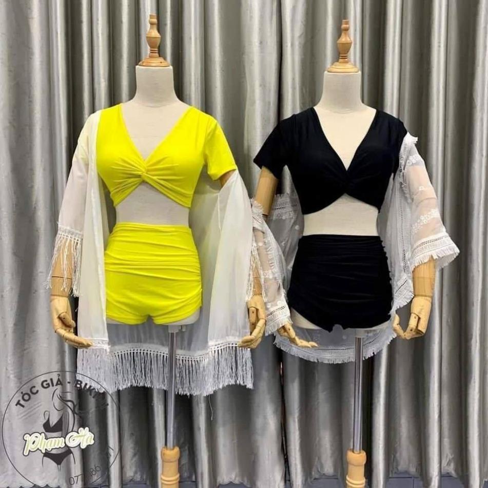 Bikini 2 mảnh, Đồ bơi tắm biển áo cọc tay ngắn xoắn ngực mix quần short lưng cao che bụng kín đáo Sexy