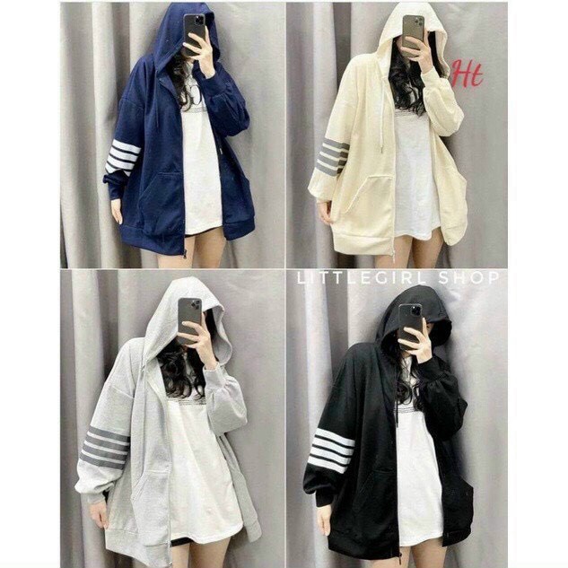 ÁO KHOÁC NỈ NỮ SỌC VIỀN TAY MŨ TO CHẤT VẢI MỀM MỊN DÂY KÉO ZIP SIÊU TIỆN LỢI