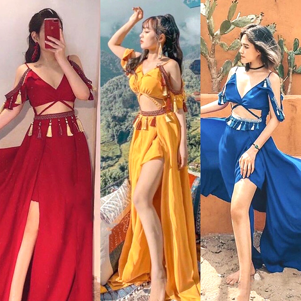 Đầm maxi thổ Cẩm du lịch sống ảo khoét eo, có đệm ngực HaKieu MSp 012