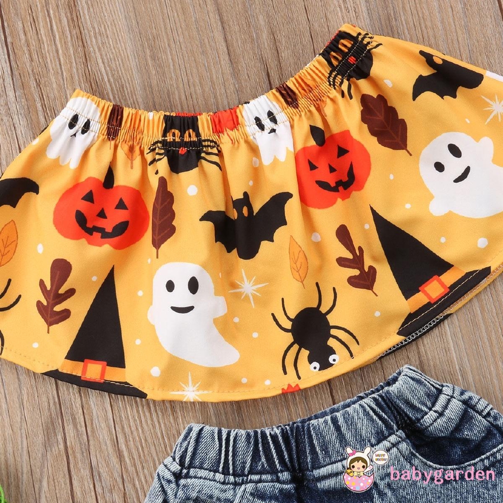 Bộ áo trễ vai + quần jean rách kèm băng đô họa tiết Halloween đáng yêu cho bé gái