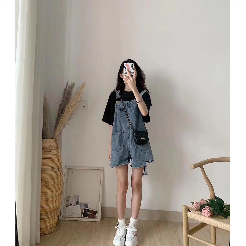 [LININ] Quần Yếm Jean Ngắn Ống Rộng Rách Lỗ Phong Cách Retro Hàn Quốc Bán Chạy