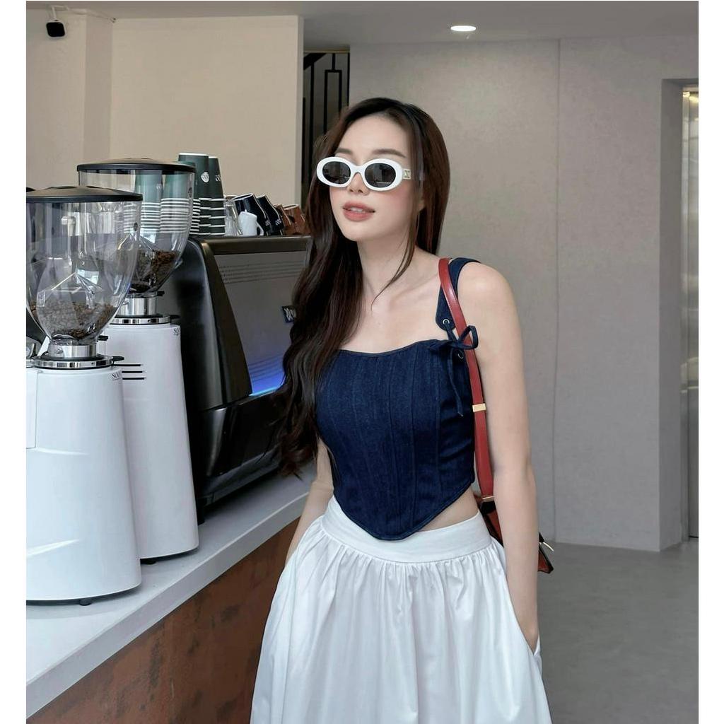 Set áo corset denim và chân váy kaki thô mềm, dáng dài 95cm