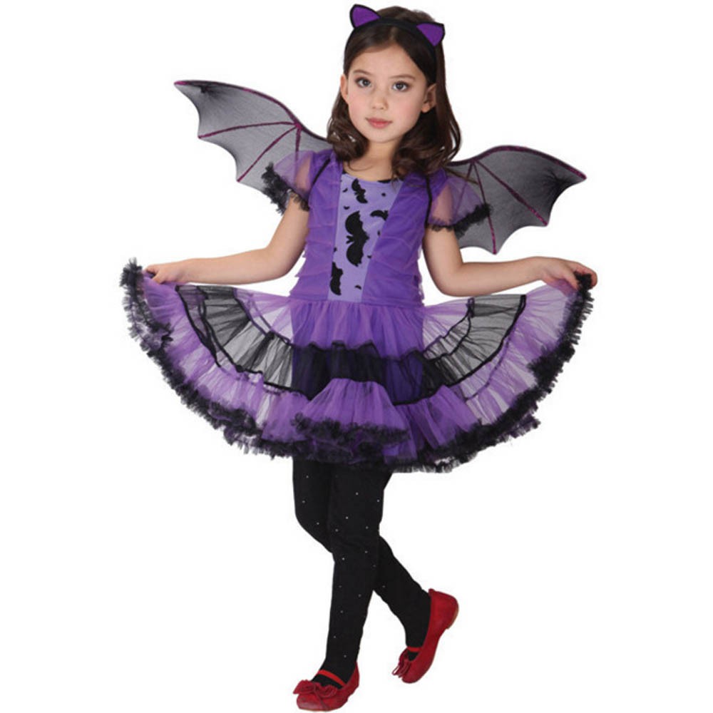 Bộ trang phục hóa trang Halloween gồm váy + băng đô cài tóc + cánh dơi độc đáo dành cho bé gái