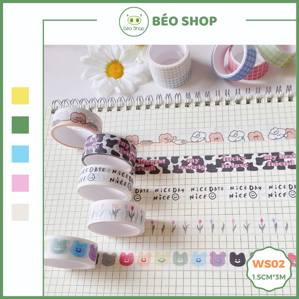 Cuộn băng dính washi tape Béo shop họa tiết dễ thương dùng trang trí sổ còng, nhật ký, đồ dùng học tập WS02