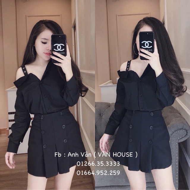Set áo sơmi rớt vai kèm váy đính nút