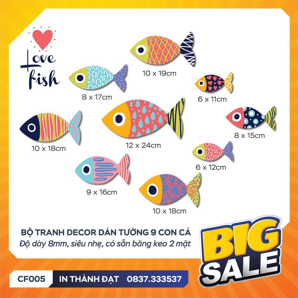 Set 9 con cá trang trí dán tường cao cấp - tặng kèm băng dính 2 mặt - CF005