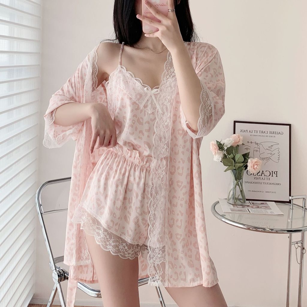 Bộ Đồ Ngủ 3 Món Bằng Lụa Satin Viền Ren Gợi Cảm Cho Nữ