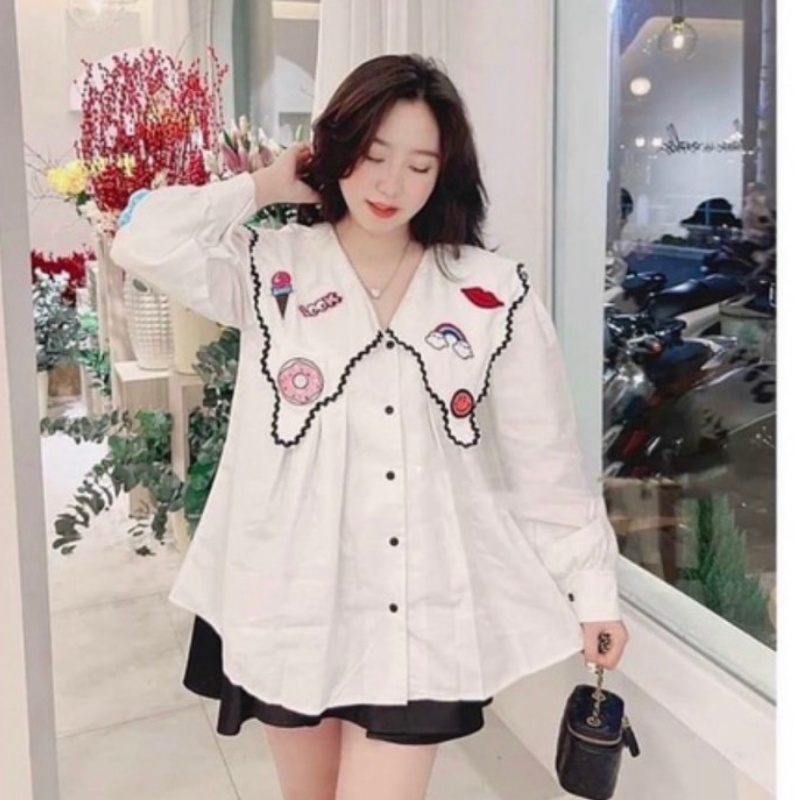 Áo sơ mi cổ thuyền thêu họa tiết nổi , áo sơ mi cổ nhọn họa tiết cute dáng babydoll siêu xinh DUMI