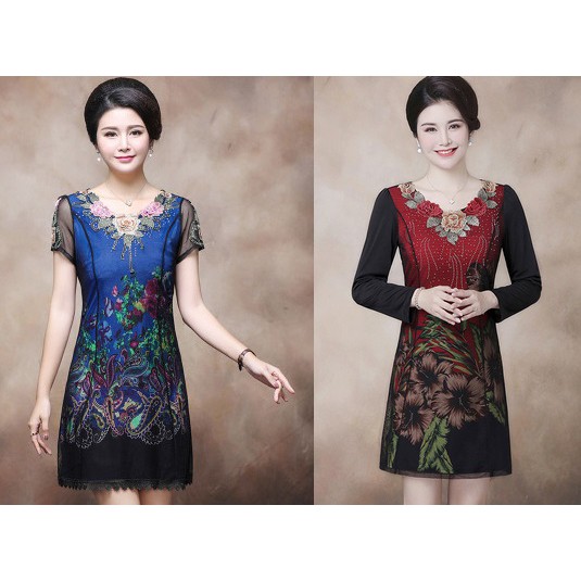 Váy nữ -Đầm nữ - váy đầm ngắn tay dài tay trung niên