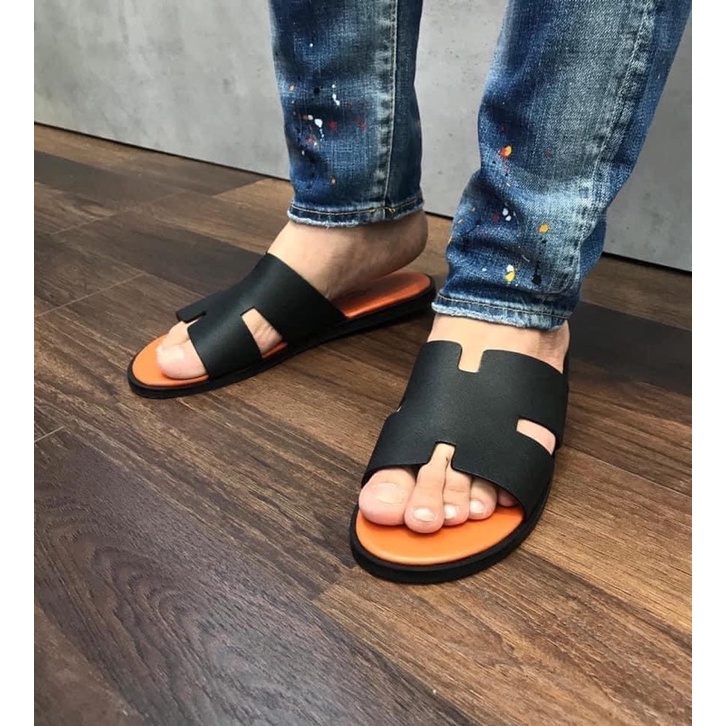 💥CHUẨN 1:1💥Dép lê Herme.s quai đen-Chữ H đế cam nhập khẩu_Dép HM quai ngang da thật đế gỗ hàng xuất khẩu FULLBOX