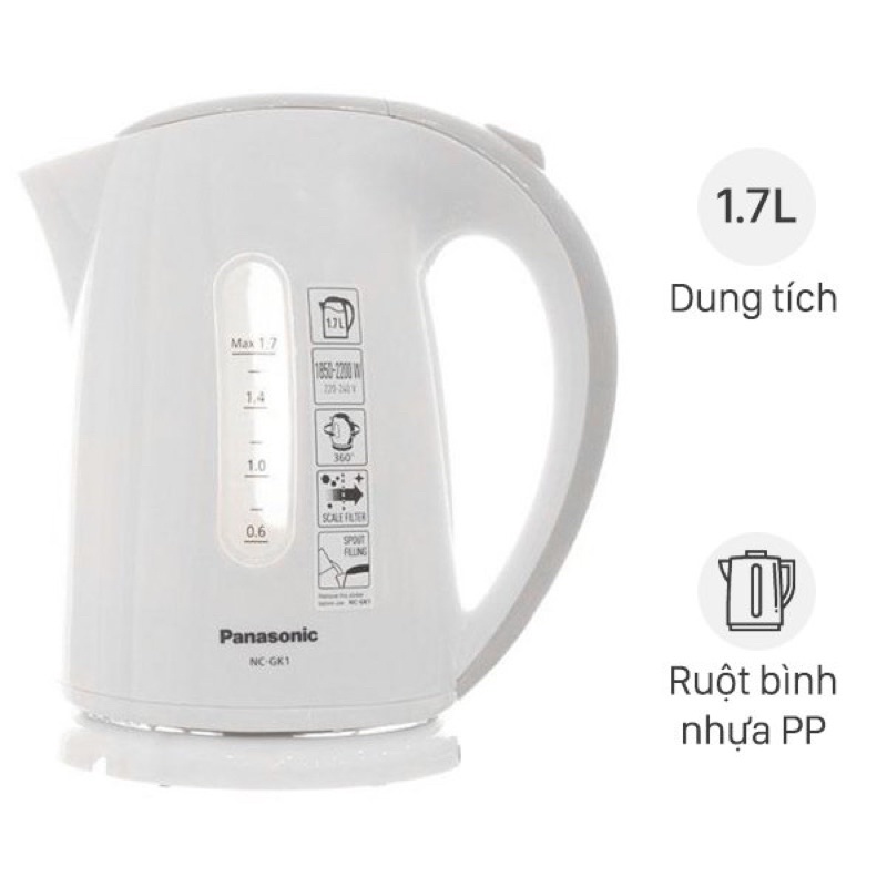 Bình đun siêu tốc Panasonic 1.7 lít NC-GK1WRA [HÀNG MỚI 100% BẢO HÀNH CHÍNH HÃNG 12 THÁNG