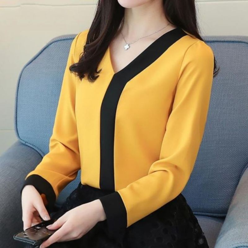 [Mã BMBAU50 giảm 50K đơn 150K] ZERASY - Áo kiểu phối màu đen tay dài kiểu cách