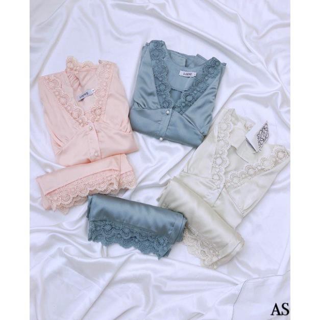 Bán sỉ bộ lụa pijama cổ V cúc ngọc