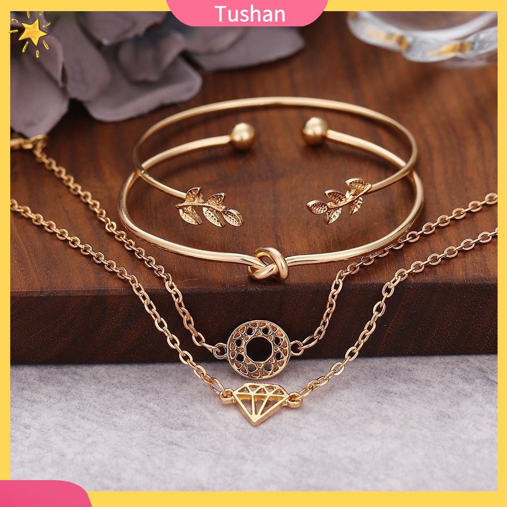 TUSH_4Pcs/Set Boho Women Leaf Knot Hollow Crystal Open Bangle Bracelet Jewelry Decor