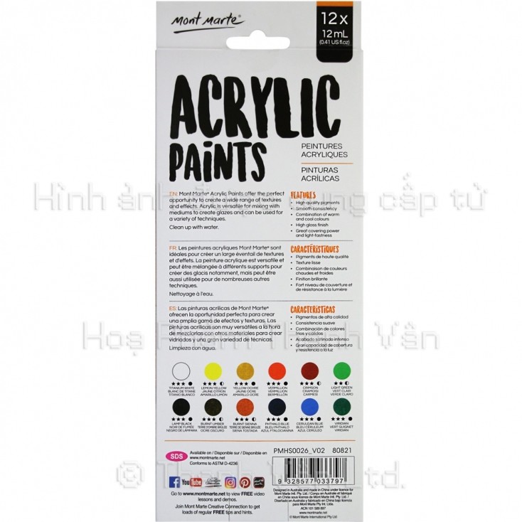 Màu Acrylic Mont Marte hộp bộ 12 18 và 24 màu tuýp 12ml