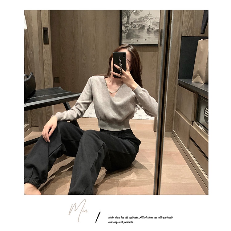 SUXI Áo dệt kim dáng ôm dài tay cổ V phong cách mùa thu dành cho nữ