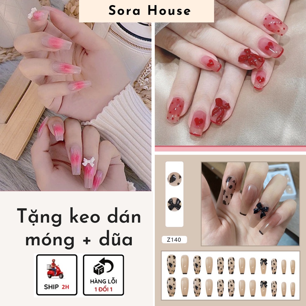 Móng Giả ❤️SHIP 2H - Set 24 Móng Tay Giả Đính Hạt Kèm Keo Dán Móng | JP