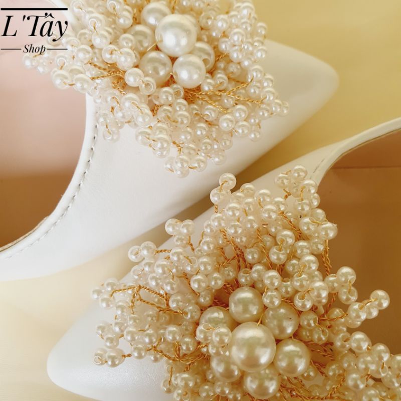 Giày Cưới-Giày Cô Dâu-Giày Cao Gót Dự Tiệc Đính Đá L'Tây -Giày Bít Mũi Đóa Trân Châu