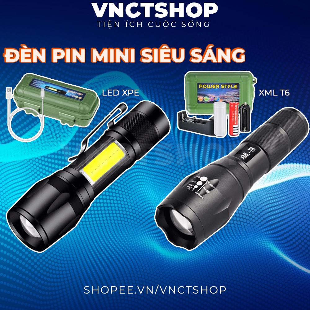 Đèn pin siêu sáng mini bin sạc điện usb bóng led xpe cob có zoom chống nước cầm tay chuyên dụng