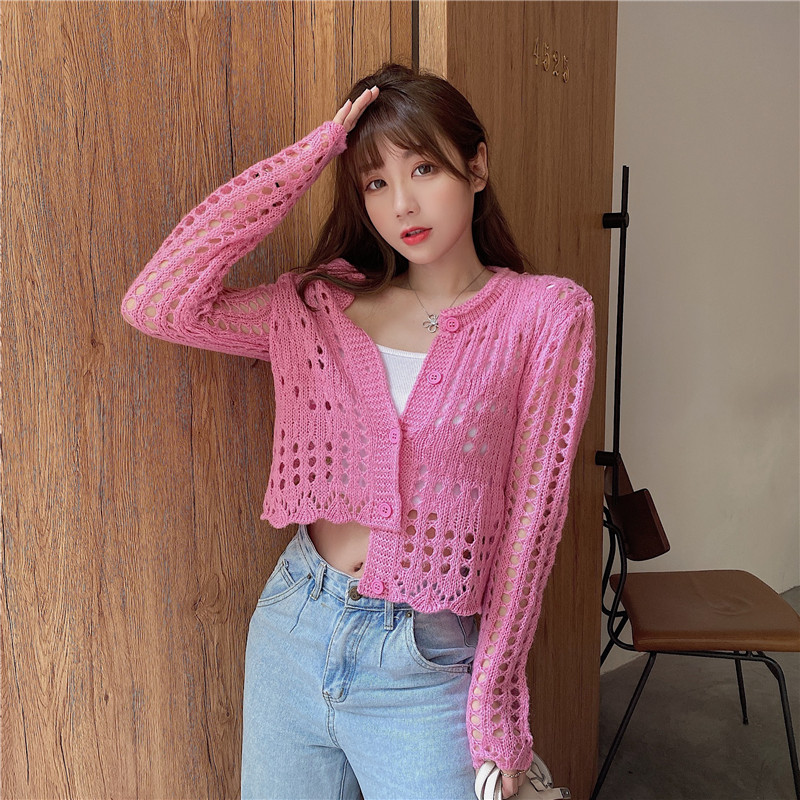 Hollow knit sweater women thin slim slimming cardigan tops age reduction all-match sun protection shirt