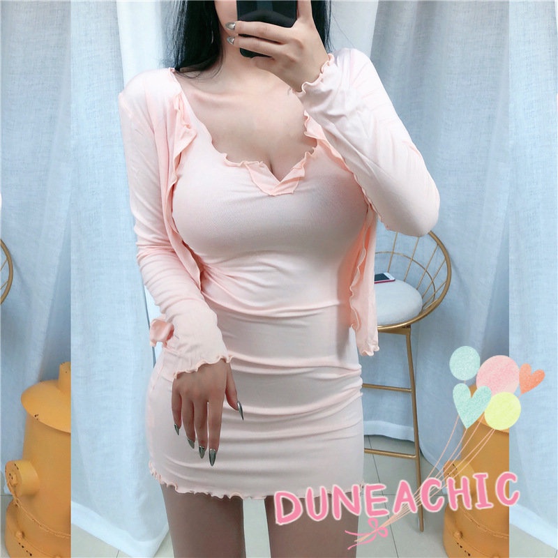 DUNEA Set Đầm Hai Dây Phối Áo Khoác Cardigan Mỏng Thời Trang Thanh Lịch Quyến Rũ Cho Nữ