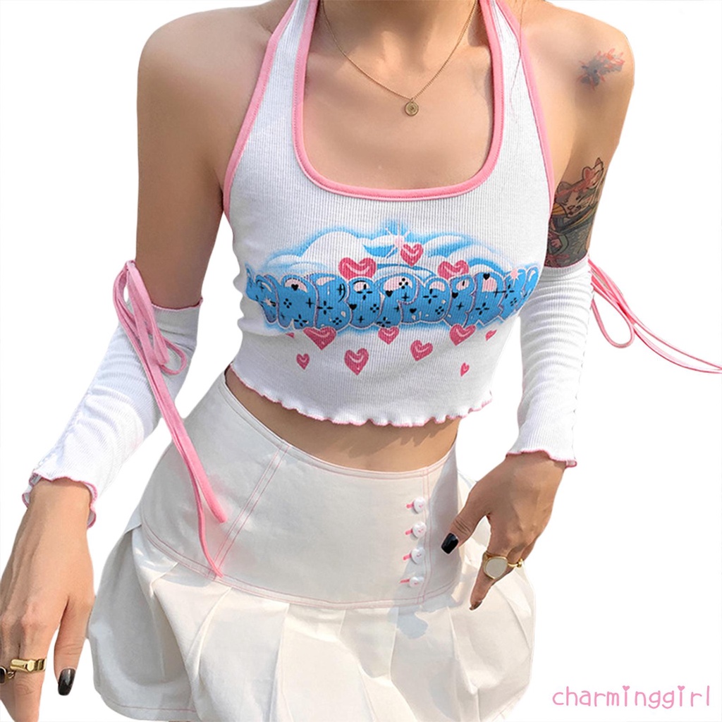 Áo Croptop Không Tay In Chữ Phối Dây Rút Ngọt Ngào Cho Nữ | BigBuy360 - bigbuy360.vn