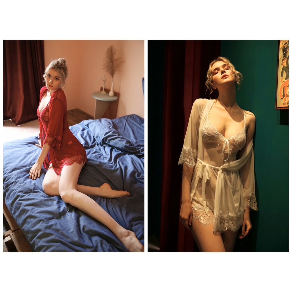 Bộ ngủ 2 dây cao cấp sexy (Váy + Áo Choàng Ren) SOC1442 | BigBuy360 - bigbuy360.vn