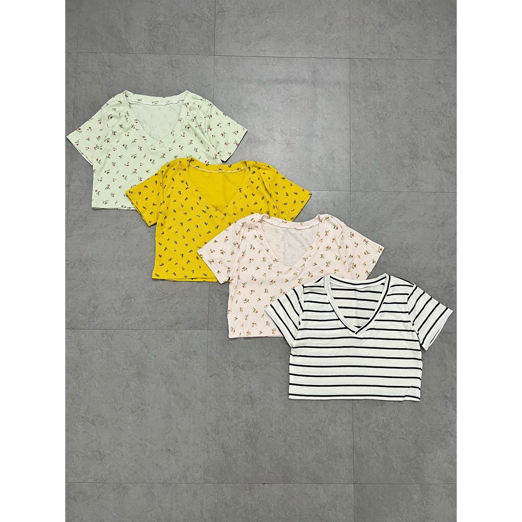 Áo croptop nữ tay ngắn HHVINTAGE kiểu cổ tim basic thun co giãn Top A45