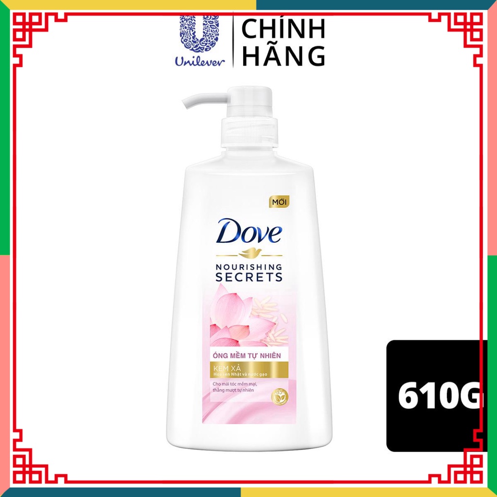 Kem xả Dove Óng Mềm ngẫu nhiên với Hoa Sen Nhật và Nước Gạo dưỡng tóc mềm mượt, óng ả 610g
