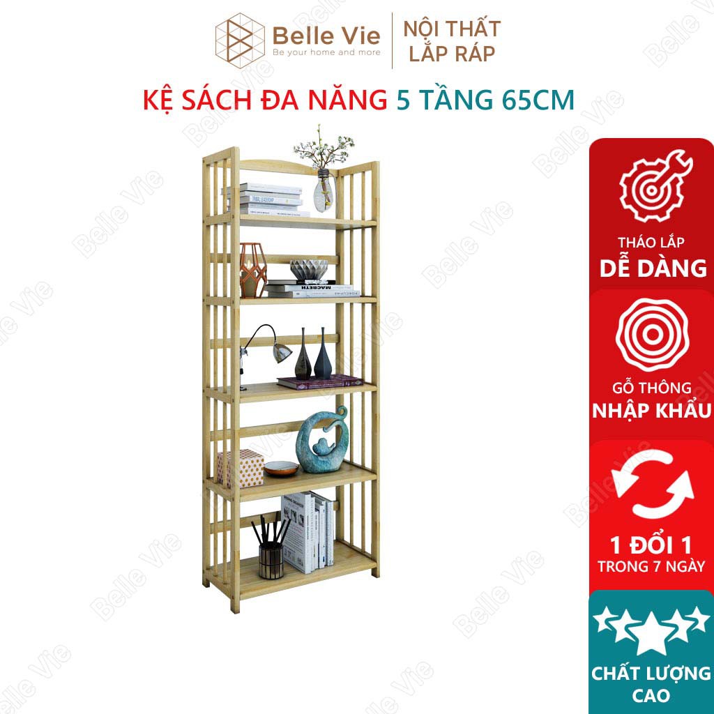 Kệ Sách 5 Tầng BELLEVIE Kệ Gỗ Decor Lắp Ráp Đơn Giản Dễ Dàng Bookshelf 5F Natural x 65Cm