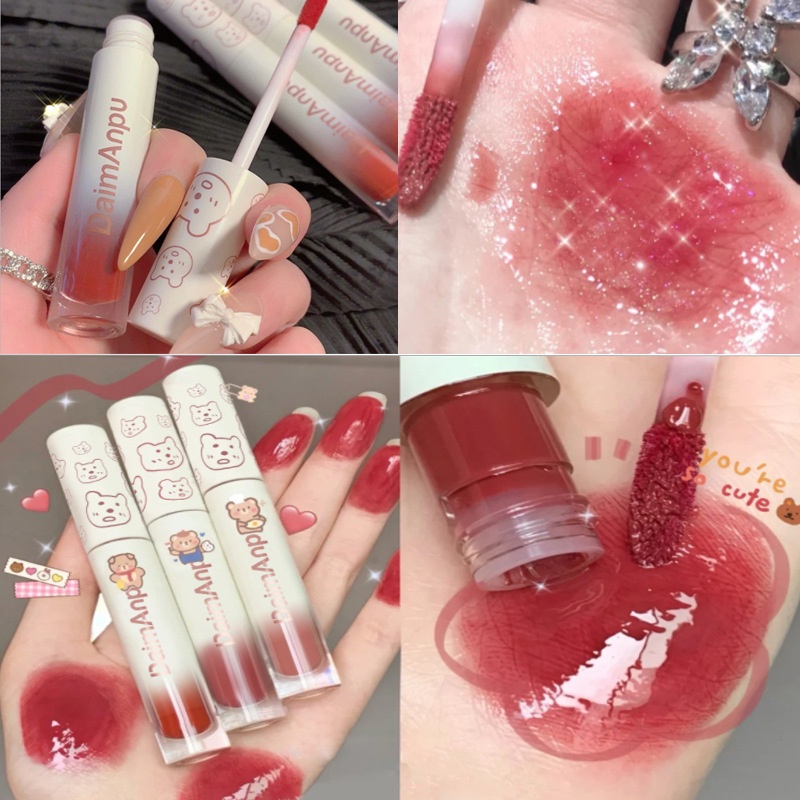[Hàng mới về] Son bóng DAIMANPU ánh ngọc trai kháng nước và mồ hôi thiết kế in hình gấu dễ thương dùng hàng ngày 3g