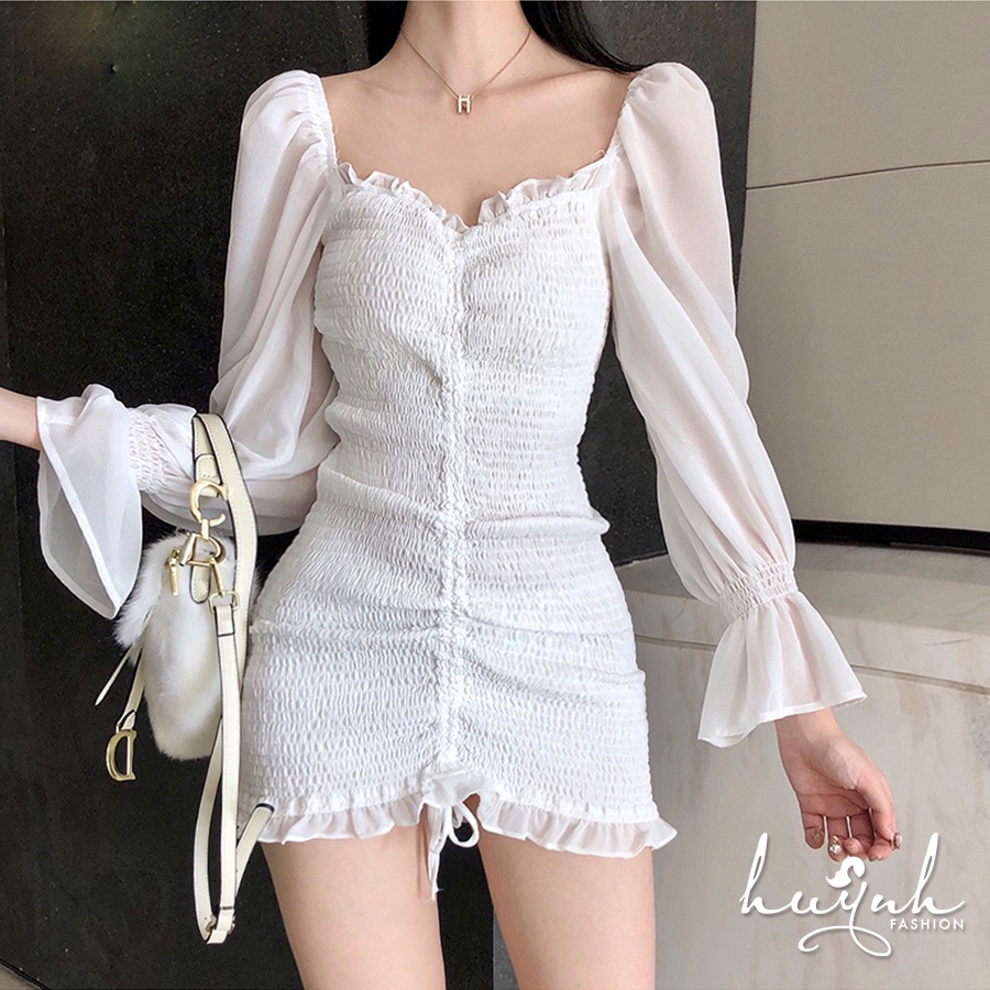 Váy body nhún dài tay, đầm body tay phồng đuôi cá cao cấp có ảnh thật - DNTD01